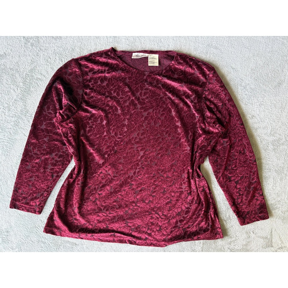 Vintage Y2K Kathie Lee Top 14W/16W Burgundy Burnout Velvet Floral Whimsigoth